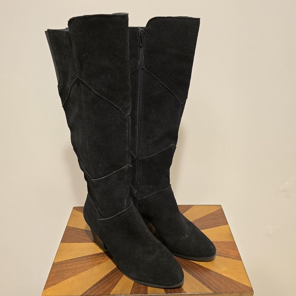 Crown Vintage Boots Womens 8 M Knee High Tall Riding Black Suede Leather Western - Picture 2 of 15